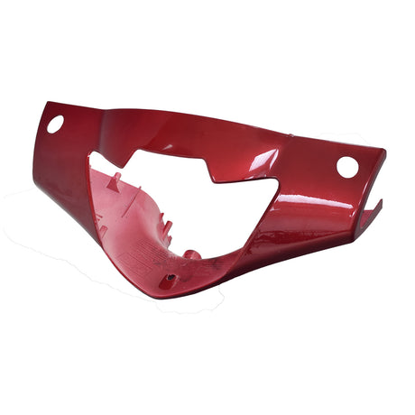 Red Headlight Shroud for the Drive Medical ZooMe R3 (R318CS) 3-Wheel Scooter, featuring multiple holes and designed to secure the headlight while protecting the console and electronics from the front.