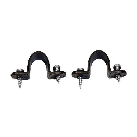 Seat Hinge Brackets for the Drive Medical Adjustable Height Rollator with 6 Casters (Set of 2), showing two black metal clips with accompanying screws in a close-up view.