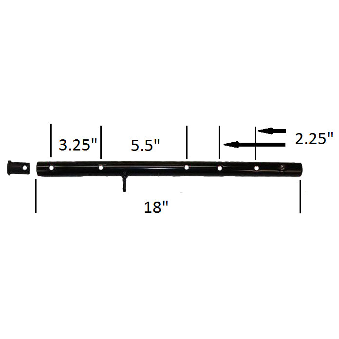 Left Rear Leg & Axle Sleeve for the Drive Medical Adjustable Height Rollator with 6 Casters, featuring a black metal bar with measurements and a black tube with a handle, as depicted in the diagram.