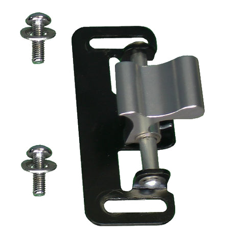 Close-up of a Seat Latch for the Drive Medical Duet Rollator/Transport (795), highlighting its black and silver metal construction with visible screws and precise hardware details.