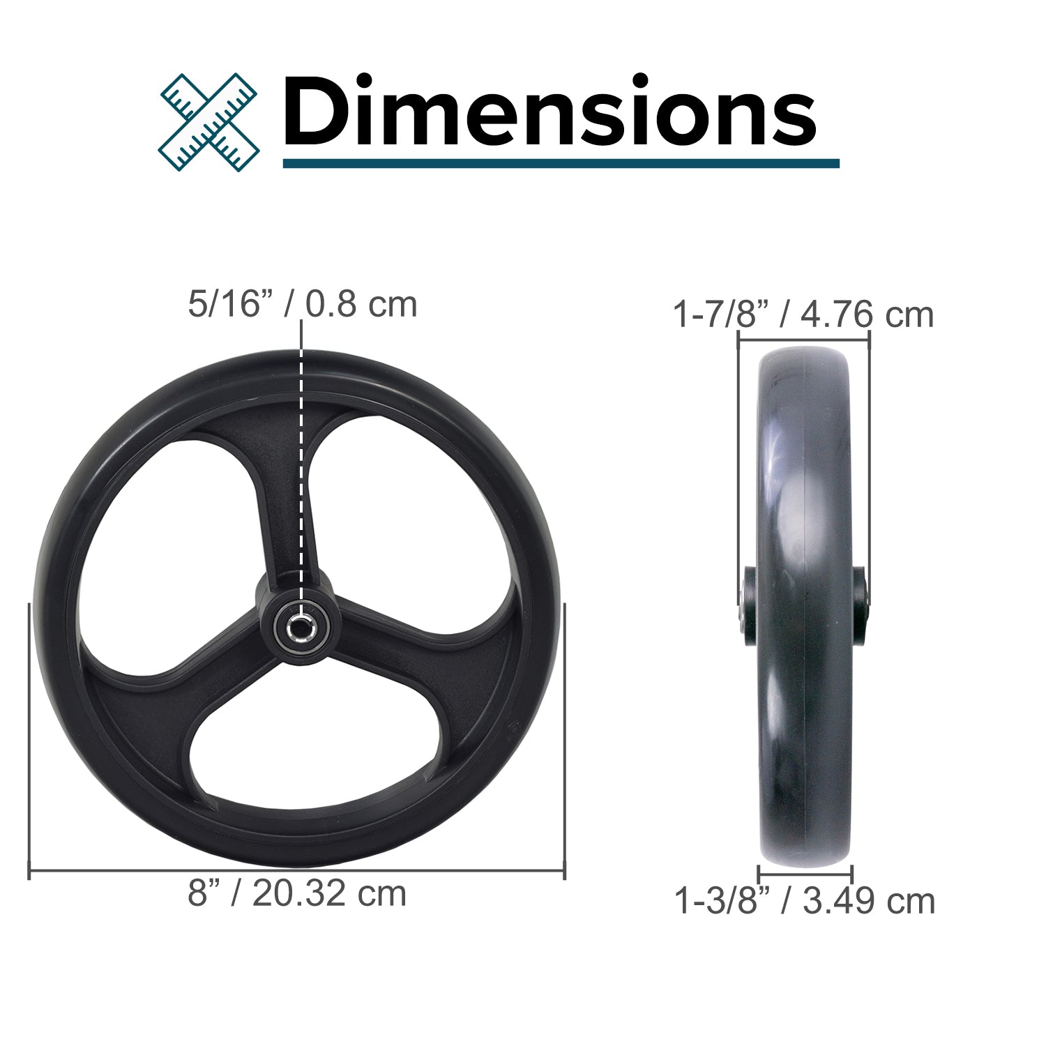 8 Front Wheel for the Drive Medical D-Lite Rollator (750N) featuring a 3-spoke black design, complete with pre-installed bearings and spacer, suitable for left or right side.