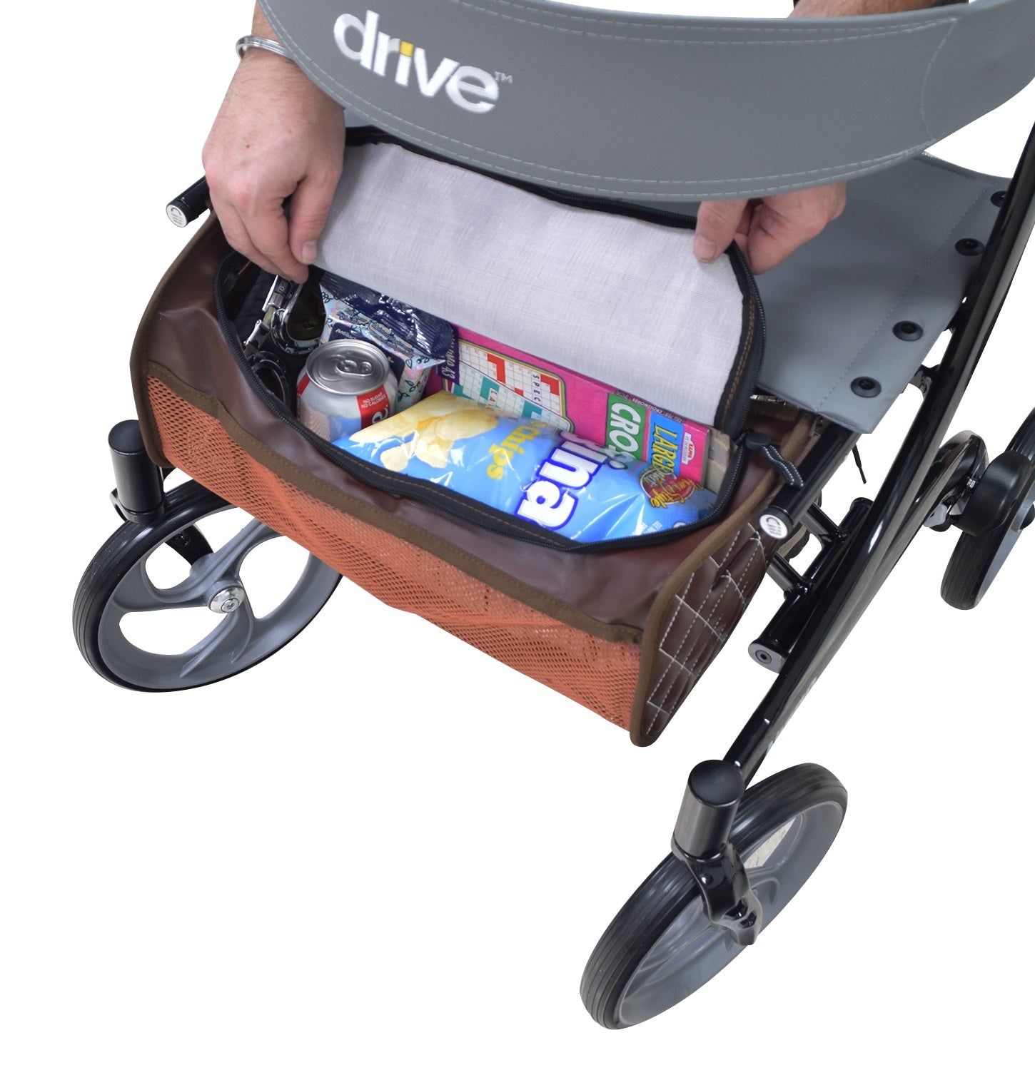 Tote Bag for the Drive Medical Nitro DLX & Nitro Elite CF Rollators, featuring a zippered vinyl flap over a mesh body, shown with a person opening it to reveal food items inside.