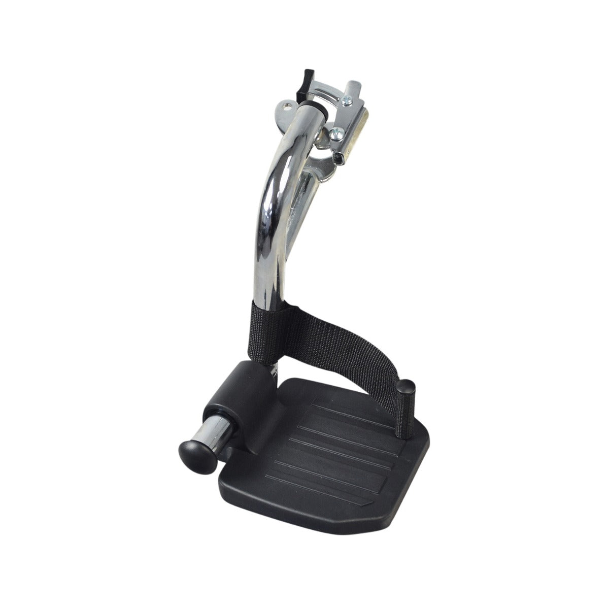 Swing Away Footrest for the Drive Medical Viper JR (Set of 2), featuring a metal stand with a black strap and a close-up view of the bicycle handle, metal pedal, and metal clip.