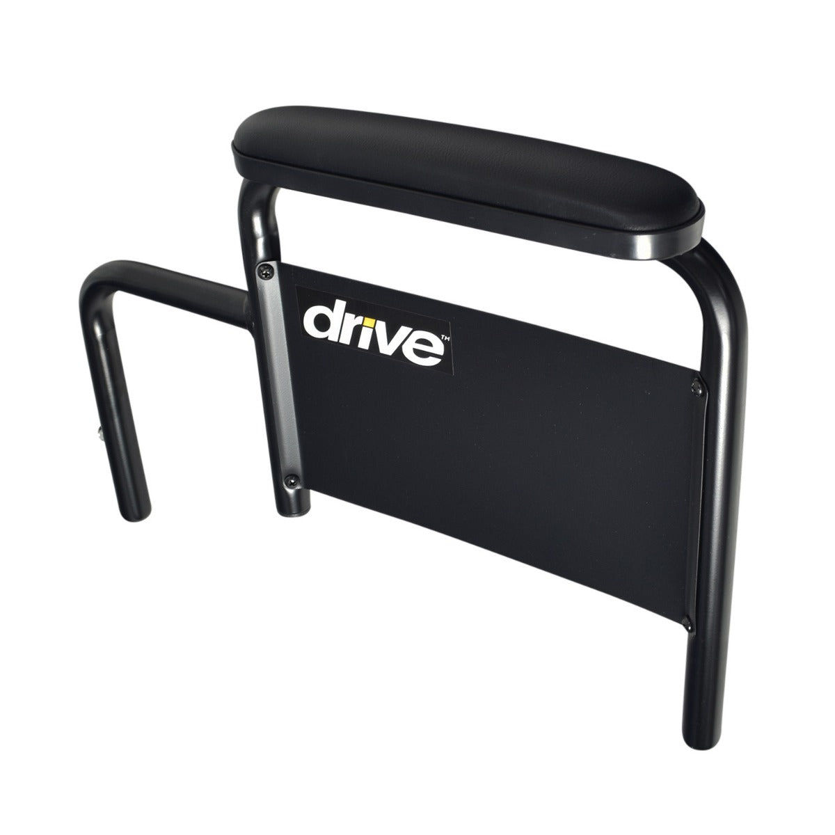 Left Desk Length Armrest Assembly for Drive Medical Silver Sport Wheelchairs, featuring a sturdy steel frame with a soft, upholstered armrest pad.