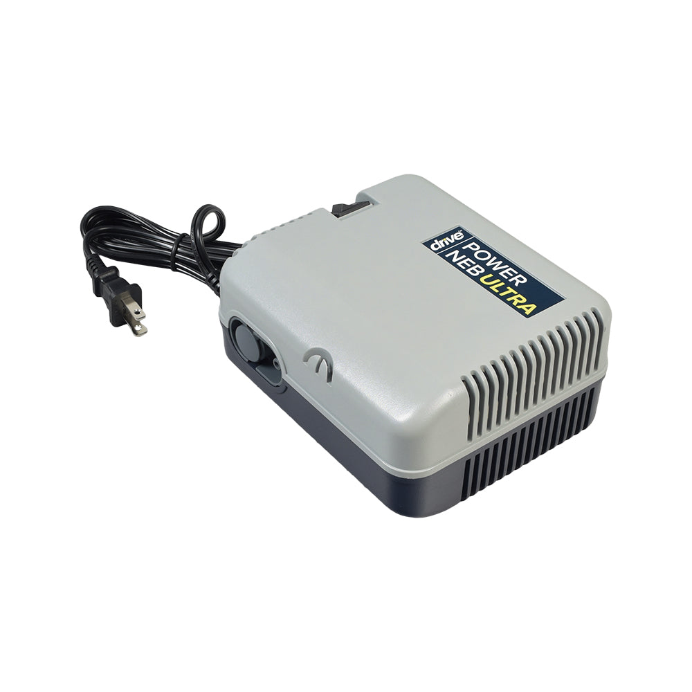 Drive Medical Neb Ultra Power Compressor Nebulizer with Disposable Nebulizer Kit, featuring a grey rectangular device with a black cord, designed for efficient and quiet operation.