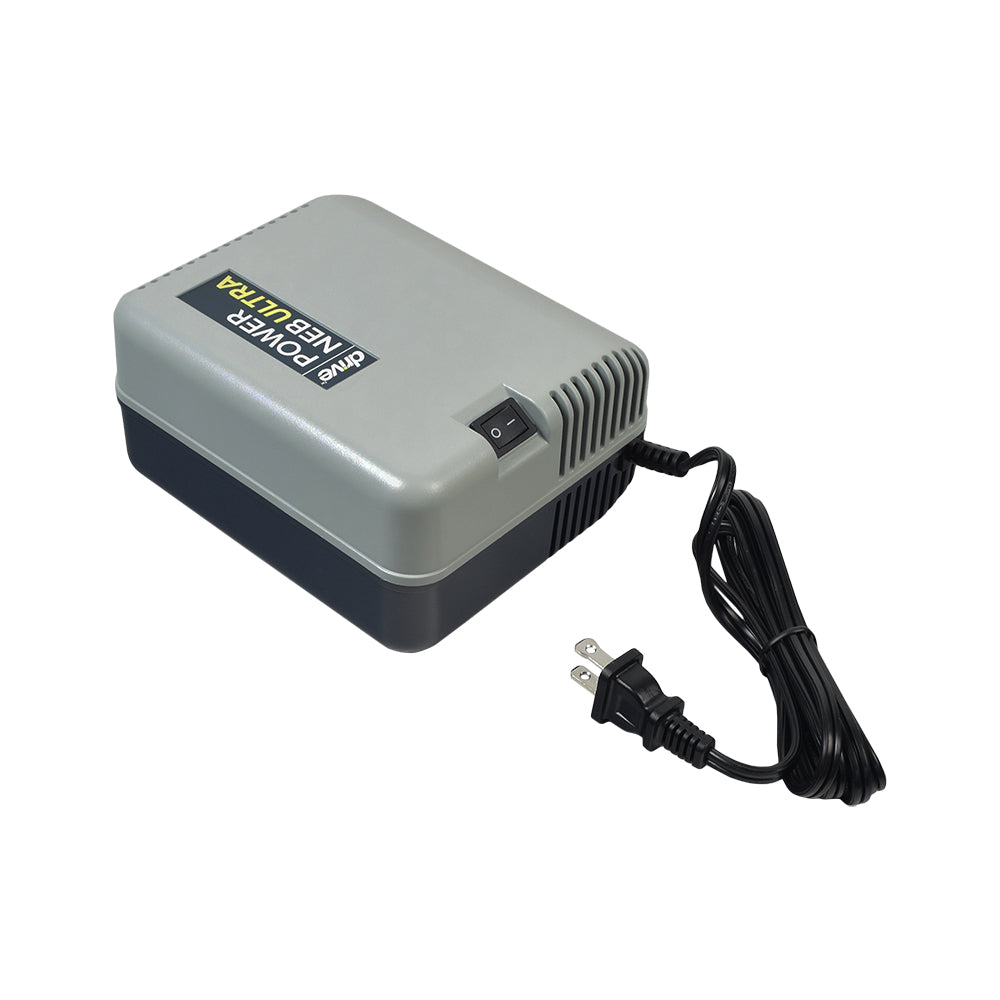 Drive Medical Neb Ultra Power Compressor Nebulizer with Disposable Nebulizer Kit, showing a grey rectangular device with a black cord and label, designed for efficient and quiet operation.