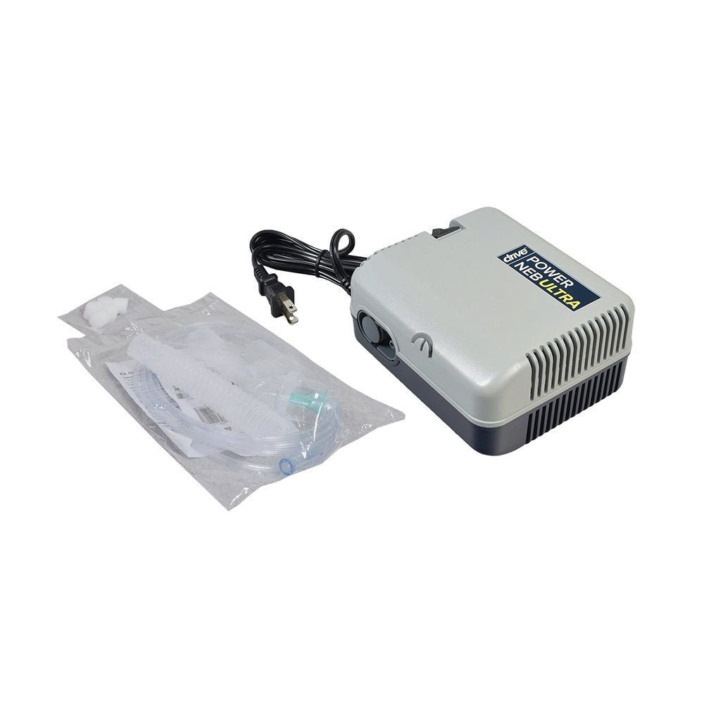 Drive Medical Neb Ultra Power Compressor Nebulizer with Disposable Nebulizer Kit, featuring a grey and black device with attached cords and a clear bag of medical supplies.