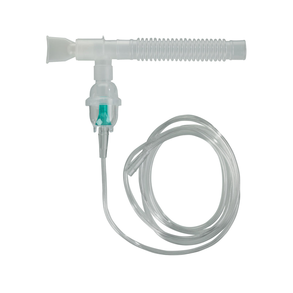 Drive Medical Neb Ultra Power Compressor Nebulizer with Disposable Nebulizer Kit, featuring a close-up of the medical equipment's tube with a blue cap and attached plastic tubing.