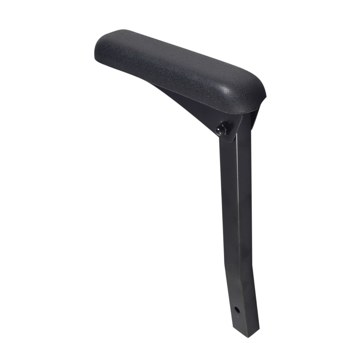 Armrest for the Drive Medical ZooMe Auto-Flex Scooter featuring a black vinyl upholstered pad on a 3/4 steel armature tube with hinge, shown in a close-up view.