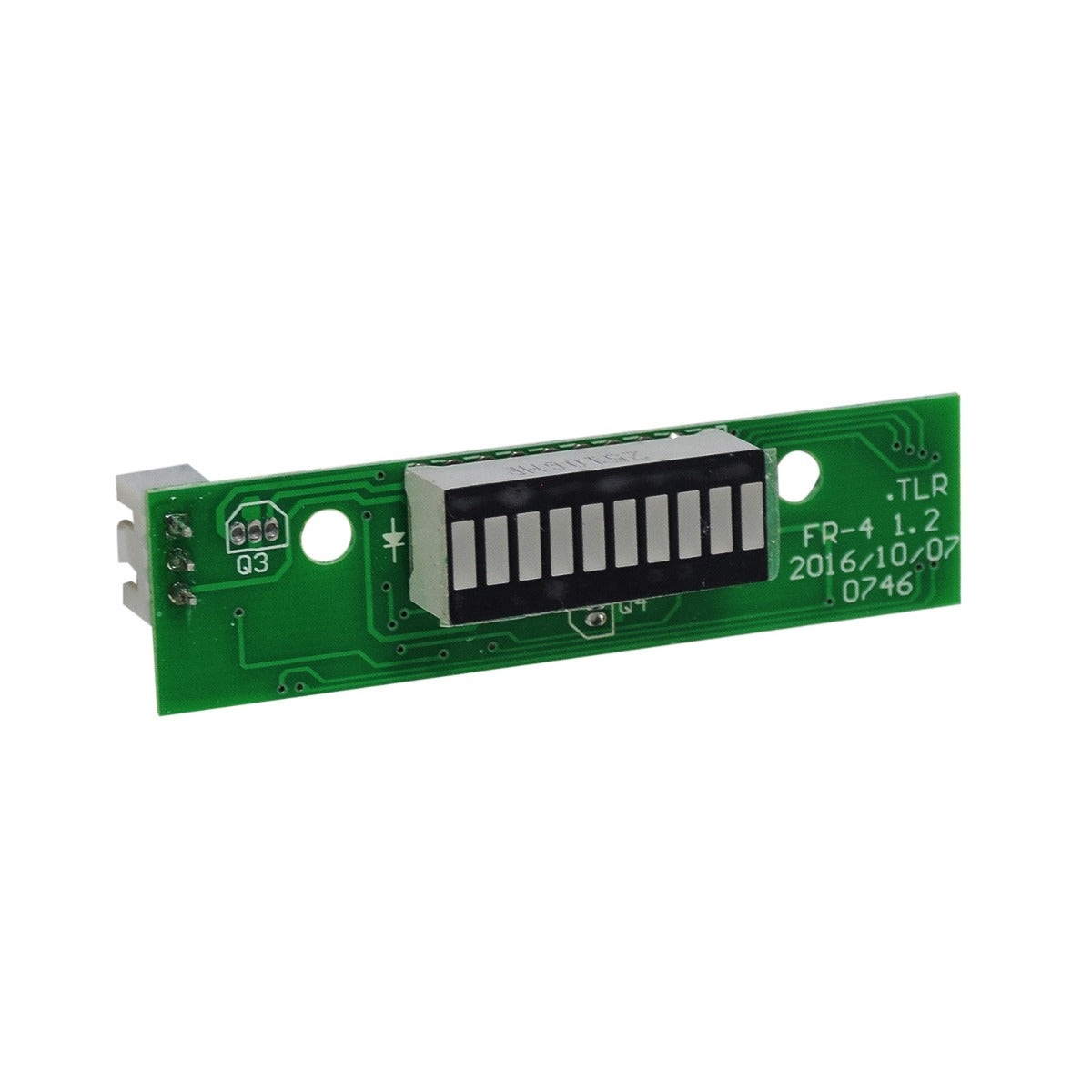 Battery Gauge for the Drive Medical ZooMe Auto-Flex Scooter, featuring a green circuit board with an LED display and plug-in connector, essential for monitoring battery levels and preventing power depletion.