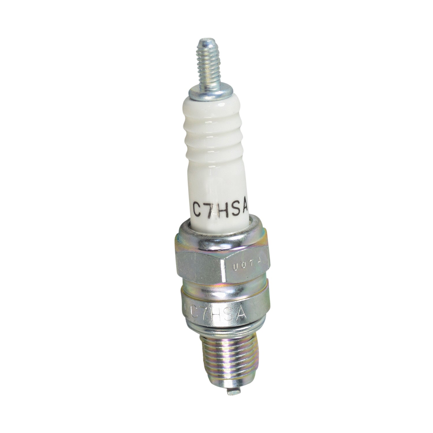 C7HSA Spark Plug featuring a white cap and metal base, suitable for many scooter and motorcycle engines, including classic Honda models and GY6 engine go-karts.