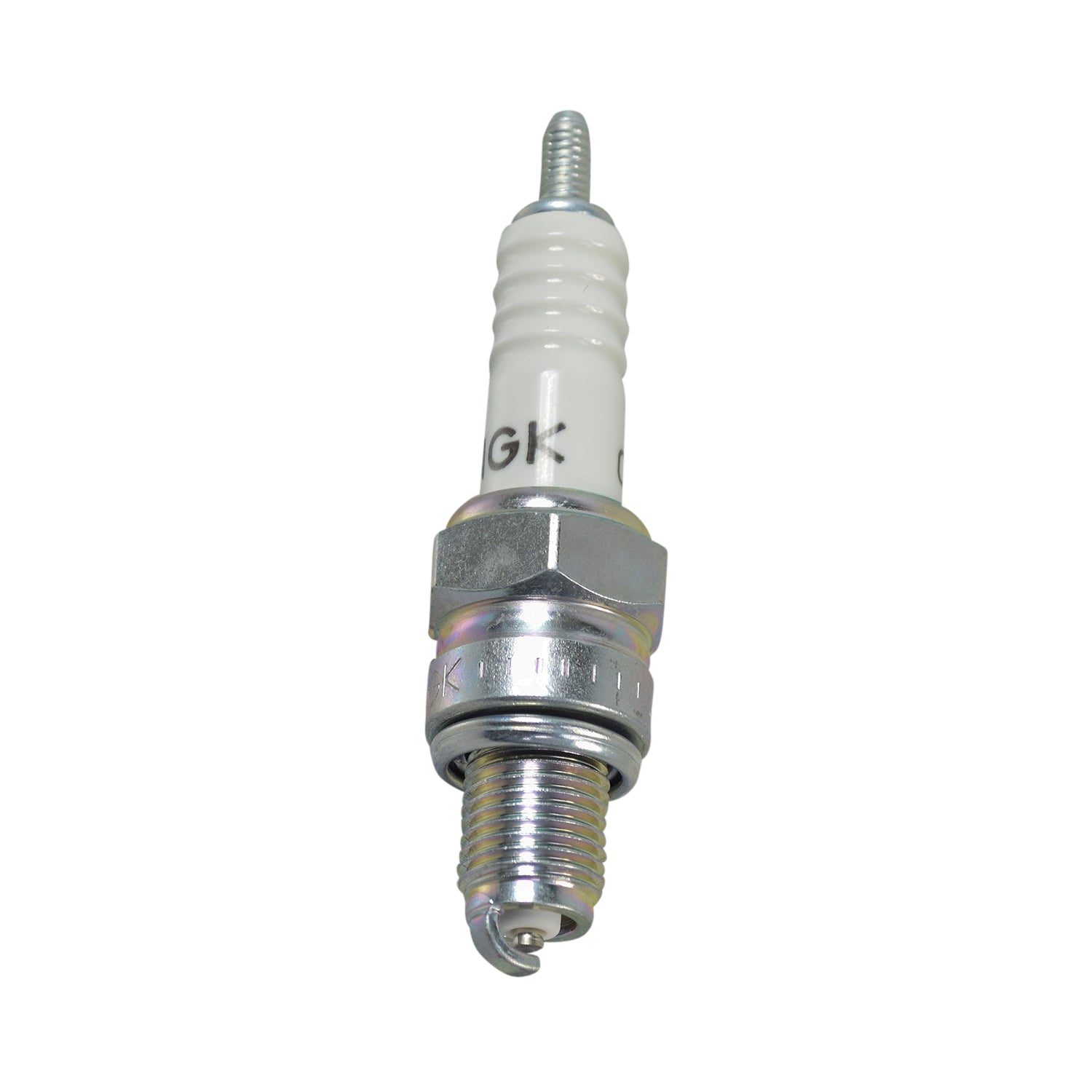 C7HSA Spark Plug close-up showing a white cap and silver body, suitable for classic Honda scooters, motorcycles, and off-road go-karts using the GY6 engine.