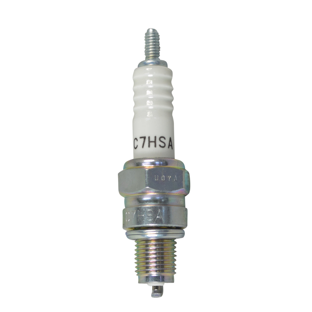 C7HSA Spark Plug with a white tip and metal body, suitable for various scooter engines and classic motorcycles. This non-resistor type plug is a direct replacement for NGK's A7TC model.