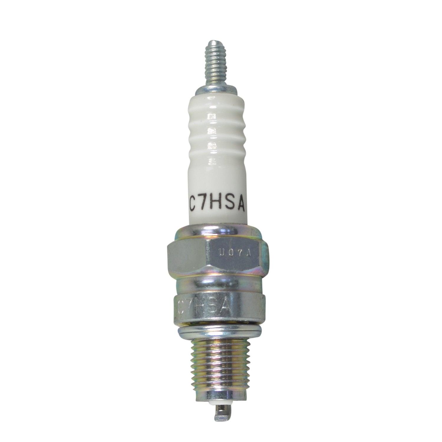 Spark Plug for Hammerhead Off-Road® GY6 Go-Kart Engines, featuring a metal body and white tip, designed as a direct replacement for NGK A7RTC, sold without a terminal nut.