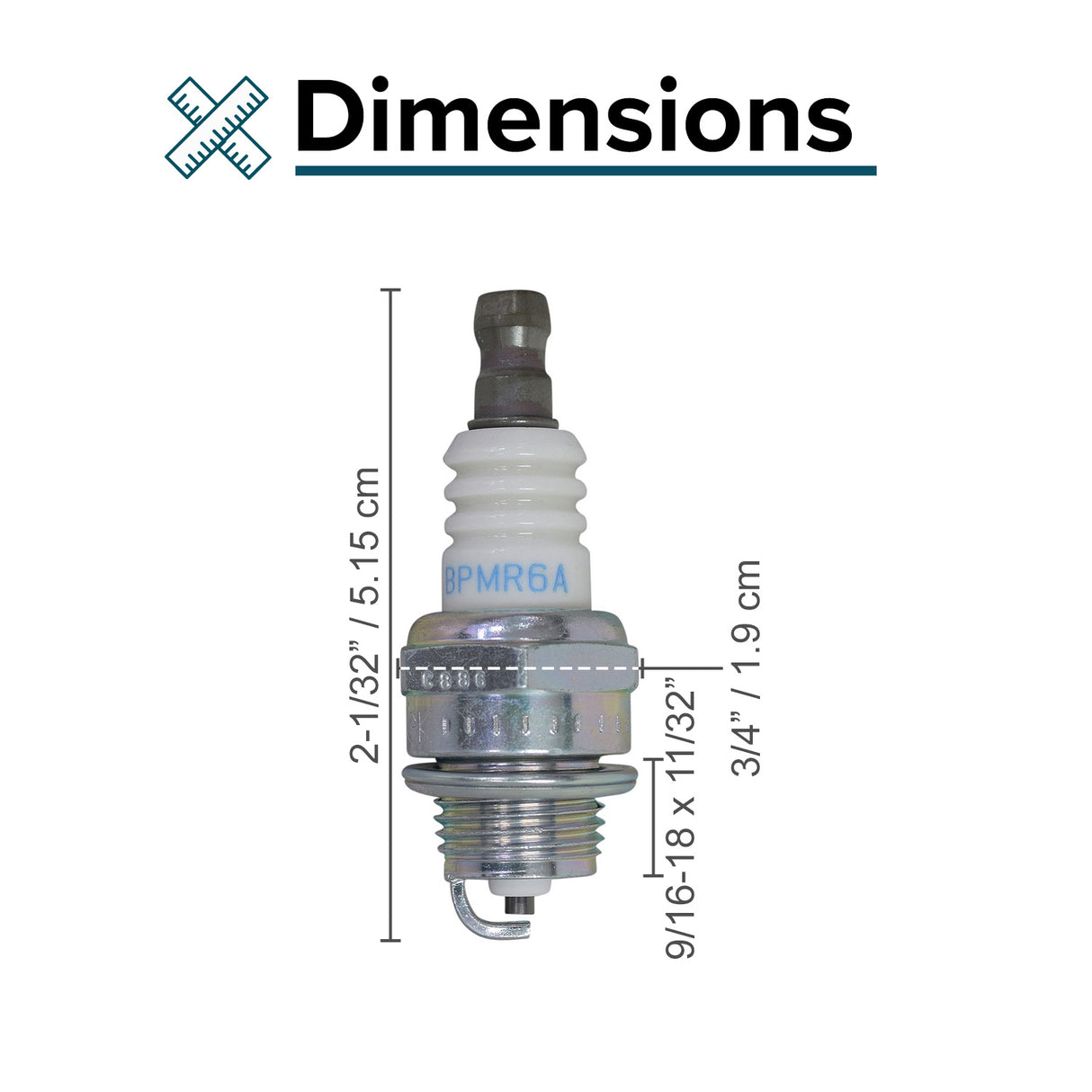 Spark Plug for the Baja Doodle Bug (Blitz, Dirt Bug, Racer) Mini Bike - NGK BPMR6A/BPMR7A: Close-up of a white and silver spark plug with visible measurements.