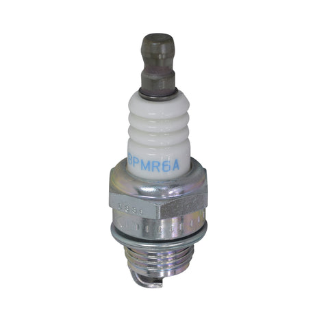 Close-up of the NGK BPMR6A/BPMR7A Spark Plug for 97cc 2.8 Hp Engines, showcasing its metal tip and white insulator, ideal for replacing old spark plugs in small gasoline engines.