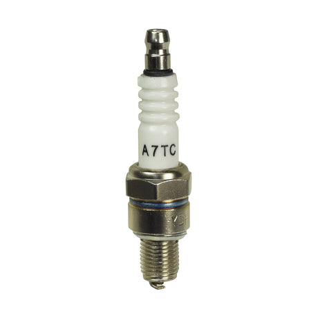 Spark Plug for 70cc & 90cc ATVs & Dirt Bikes, featuring a close-up view of the white ceramic portion with black text and a silver metal base.