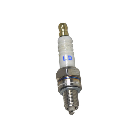 A7RTC Spark Plug, featuring a white and blue handle, shown in close-up. Suitable for classic scooter engines and compatible with multiple brands as a direct replacement.