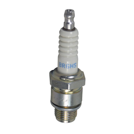 B6HS Spark Plug for Vintage Vespa Scooters featuring a white and silver tip, ideal for rich gas/air mixtures and city riding, compatible with many vintage Vespa and Taiwanese Lambretta models.