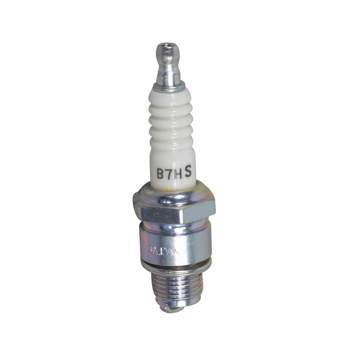 B7HS Spark Plug for Modern Lambretta Scooters, featuring a close-up of the white and silver spark plug. Designed for 50cc models like Uno50 and Due50, not vintage Lambretta models.