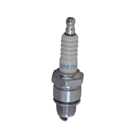 BP7HS Spark Plug with white handle and metal threaded base, shown in close-up. Suitable for Genuine Buddy 50 and other 50cc scooters, featuring a projected firing tip and short-reach design.