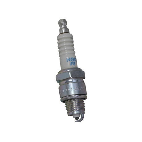 BP7HS Spark Plug with white tip and metal threads, close-up view. Ideal for Genuine Buddy 50 and other Genuine Scooter Company 50cc models.