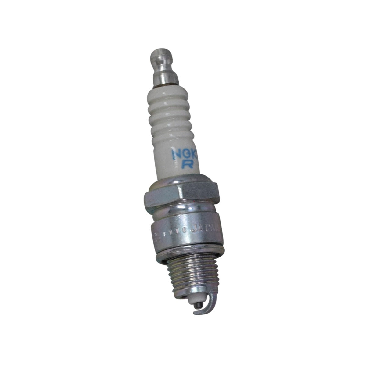 NGK BP7HS Spark Plug for the Adly Moto RT-50, featuring a white tip and metallic body, shown in close-up to highlight its medium heat, projected firing tip design.