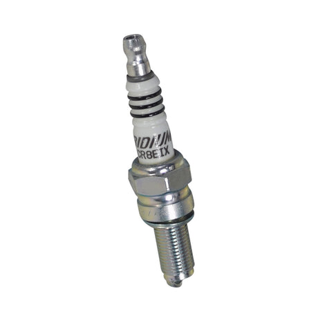 CR8EIX Iridium Spark Plug for the Modern Vespa GT: close-up of a spark plug showcasing its iridium firing end and metal cylinder, highlighting its advanced design and performance features.