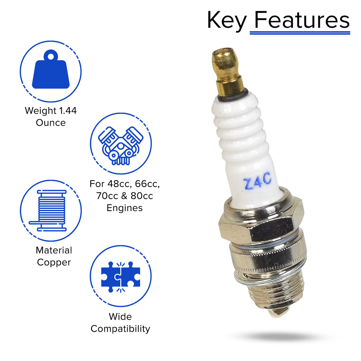 Close-up of the Z4C Spark Plug for 80cc 2-Stroke Bicycle Engine Kits, showcasing its metallic structure and threading, designed to fit small gas engines in various displacement ranges.