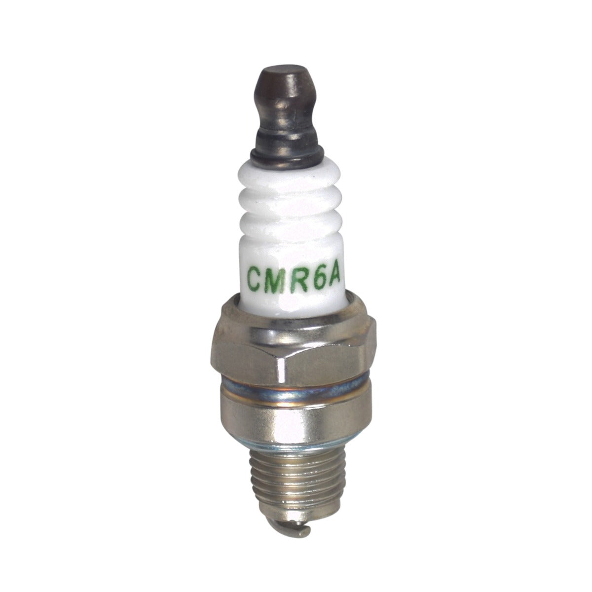 Spark Plug for 40cc 4-Stroke ATV, Dirt Bike, & Mini Bike Engines - close-up of a spark plug with a distinctive white and green cap, ideal for replacing faulty plugs in small engines.