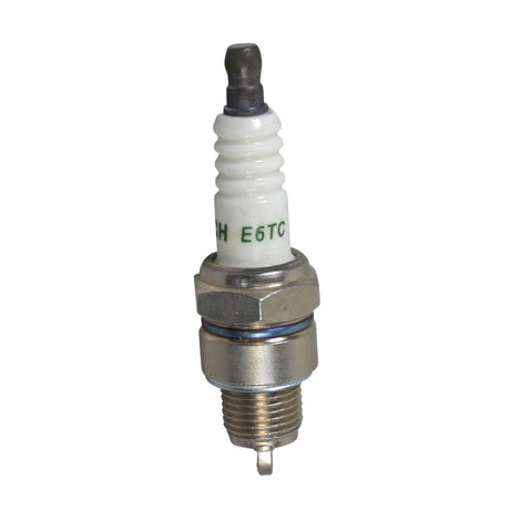 TORCH E6TC Spark Plug (NGK BP6HS) close-up showing a white cap and metal body, suitable for 98cc 4-stroke gasoline engines used in go-karts and mini bikes.