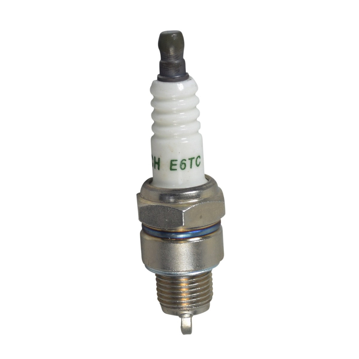 E6TC (NGK BP6HS) Spark Plug for the Coleman CT100U Mini Bike & CK100 Go-Kart, featuring a white cap and metal body, suitable for 98cc 4-stroke engines.