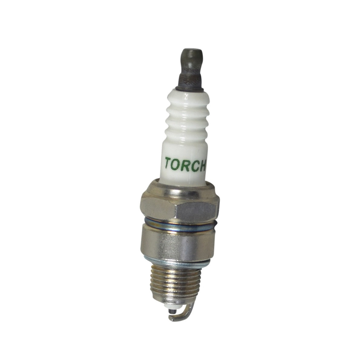 Close-up of the TORCH E6TC Spark Plug (NGK BP6HS) with a white cap, designed for 98cc 4-stroke gasoline engines, commonly used in go-karts and mini bikes.