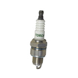 Close-up of the TORCH E6TC Spark Plug (NGK BP6HS) with a white cap, designed for 98cc 4-stroke gasoline engines, commonly used in go-karts and mini bikes.