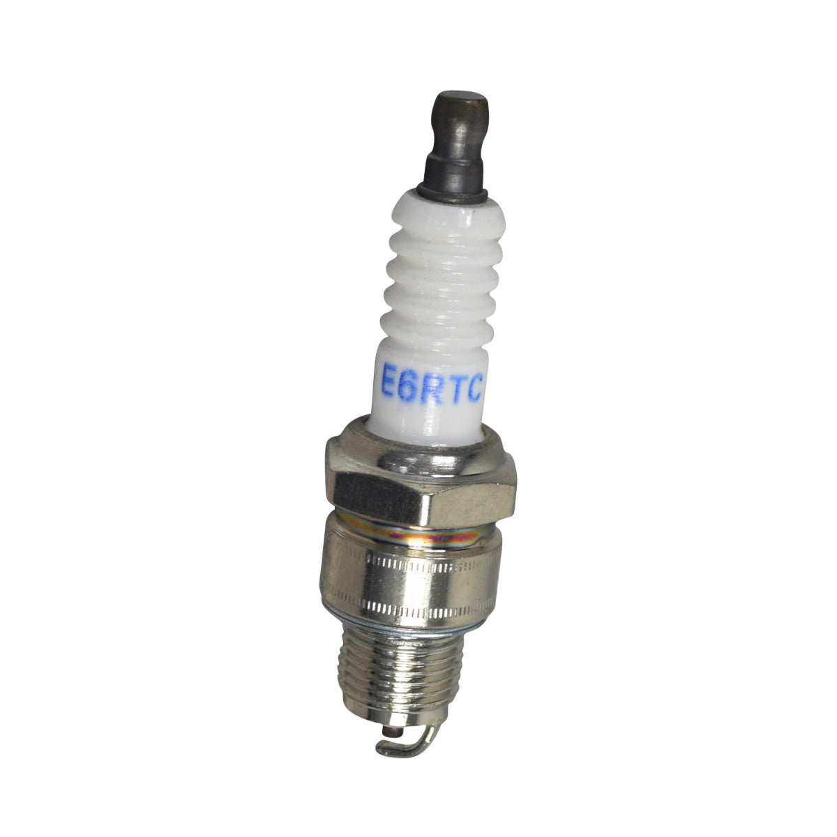 Close-up of the E6RTC / E5RTC Spark Plug (NGK BPR5HS) with a white ceramic cap and metal body, suitable for small engines like go-karts, mini bikes, and dirt bikes.