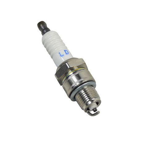 Close-up of the E6RTC / E5RTC Spark Plug (NGK BPR5HS) featuring a white ceramic body and silver tip, designed for small engines like go-karts and mini bikes.