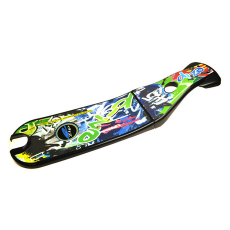 Deck with Kicktail for the eZip 4.5 electric scooter, featuring a multicolored design with a handle and graffiti-style graphics, shown in close-up.