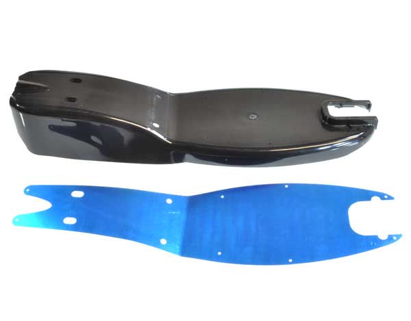 Deck for IZIP I-200 & Schwinn S200 Electric Scooters, featuring a black plastic base and blue protective film covering a silver metal plate.