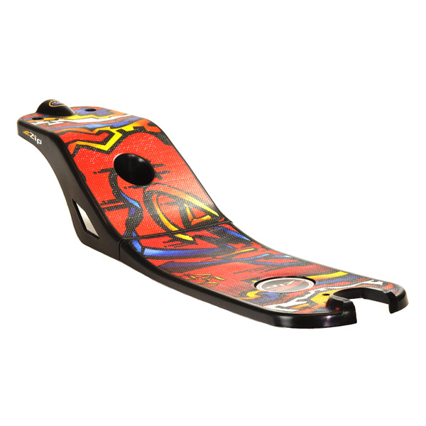 Deck with Kicktail for the eZip 450, featuring a bold design, perfect for replacing your red E-450's deck. The skateboard-like deck is adorned with vibrant graphics, ensuring both style and functionality for your electric scooter.