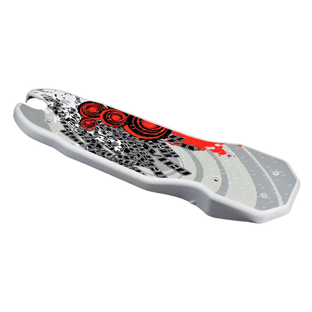 Deck Plate (Gray/White/Red) for the Avigo Extreme, featuring a stylish design and a textured surface for enhanced grip during high-speed rides and sharp turns.