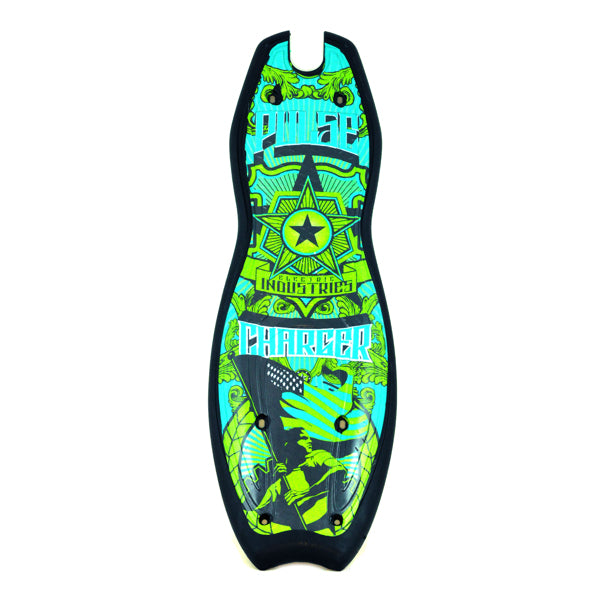 Electric Industries (Green/Blue) Deck for the Pulse Charger electric scooter, featuring intricate artistic designs, showcasing a visually captivating skateboard deck.