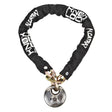 Defender Chain with Padlock: A black chain lock featuring white text, ideal for securing bikes or scooters. This durable accessory from Sunlite ensures reliable protection for various personal transportation devices.