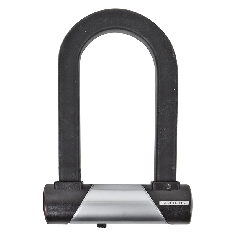 Defender Pocket U-Lock by Sunlite, a compact black and silver bike lock designed for bicycles and scooters, offering sturdy security without a bracket for convenient portability.