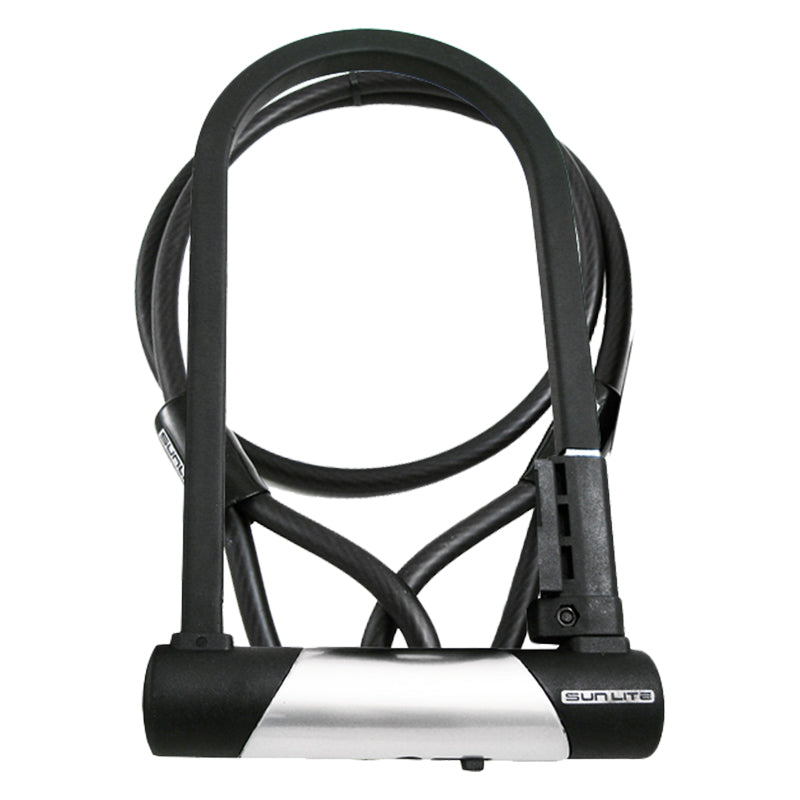 Defender Standard U-Lock with Bracket and Cable, featuring a sturdy U-shaped lock with an attached flexible cable and connectors, ideal for securing bicycles and scooters.