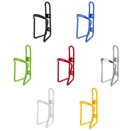 Delta Alloy Bottle Cage, a lightweight and durable aluminum bike accessory, designed for easy tube mounting to securely hold your water bottle during rides. Shown in various colors.