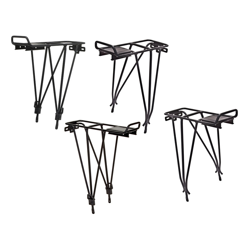 Deluxe Alloy Rear Rack for Child Carriers, shown as a group of black metal bicycle racks with legs, designed for mounting child seats or serving as a versatile cargo rack.