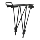 Deluxe Alloy Rear Rack for Child Carriers, a black metal bicycle rack with black straps, ideal for mounting child seats on various adult bikes.