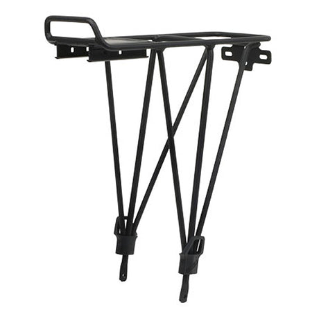 Deluxe Alloy Rear Rack for Child Carriers, a black metal bicycle rack with black straps, ideal for mounting child seats on various adult bikes.