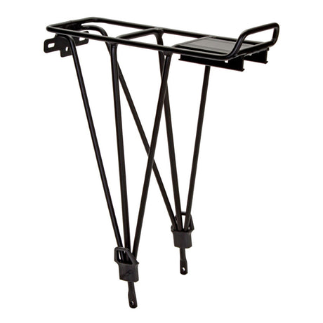 Deluxe Alloy Rear Rack for Child Carriers: a sturdy black metal frame with black handles designed for mounting child seats or carrying cargo on various bike models.