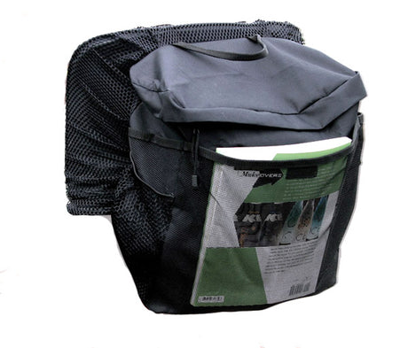 Deluxe Carry Bag for Mobility Scooters, a black backpack with a green and grey label, features a large zippered pocket and an interior mesh bag. Durable, easy-to-clean nylon construction.